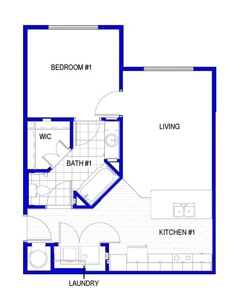 Floor plan for 1 bed, 1 bath, 659 sqft